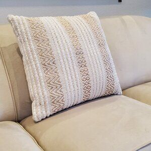 Decorative/Accent Pillow, Beige and White Woven Cotton with Gold Metallic Thread